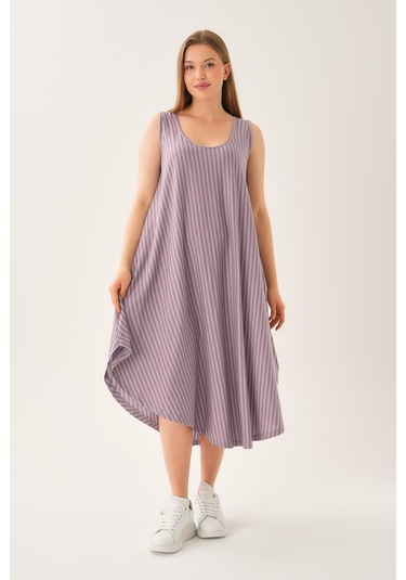 Asimetrik Kesim Çizgili Kolsuz Elbise Lila