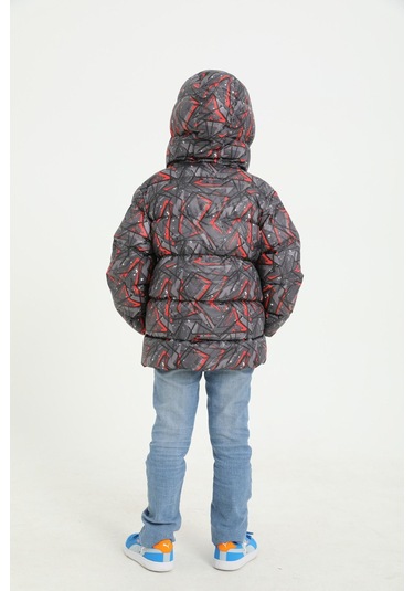 Erkek Çocuk Siyah Geometrik Desen İçi Polar Su Ve Rüzgar Geçirmez Kapüşonlu Cepli Şişme Kışlık Mont Siyah
