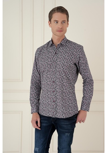Slim Fit Baskılı %100 Pamuk Spor Gri Gömlek G 1586 Gri