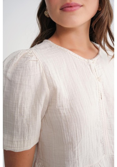 4713 Kadın Beli Büzgülü Kolu Lastikli Bol Müslin Bluz Naturel Naturel