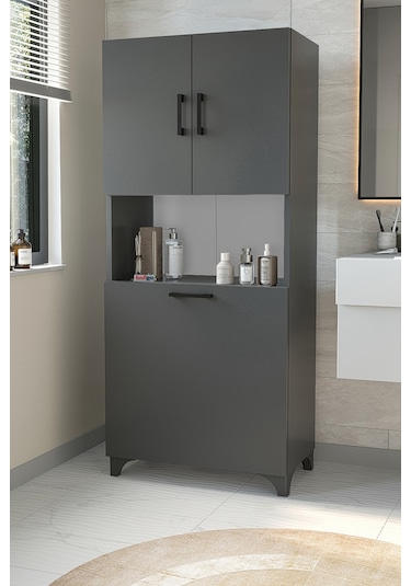 Çok Amaçlı Dolap Banyo Dolabı Kirli Çamaşır Sepeti Dolabı Damla Antrasit