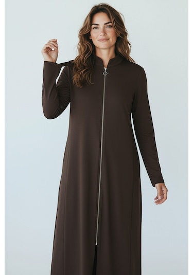 Kadın Önü Fermuarlı Kolu Manşetli Gizli Cepli Mevsimlik Kap Kahverengi