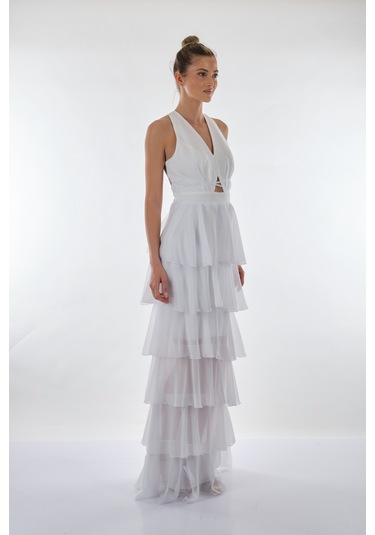 Dori V Yakalı Kat Kat Şifon Abiye Elbise 221kb3039 Beyaz