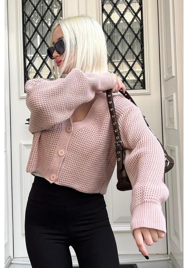 Madmext Pudra Uzun Kollu Düğmeli Crop Hırka Mg2198 Pudra