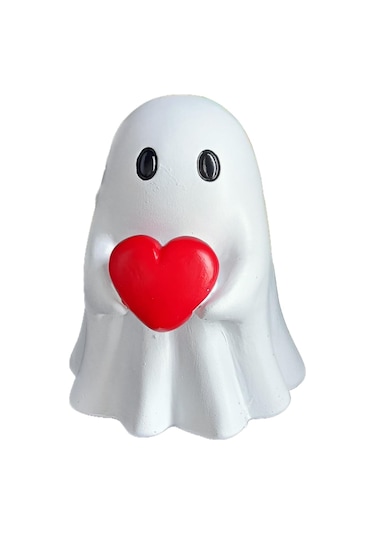 Reedark Halloween Gizemli Kırmızı Kalp Taşıyan Beyaz Hayalet Heykeli - Ev Dekoru, Masaüstü Ve Hediye Özel 9cm Yükseklik