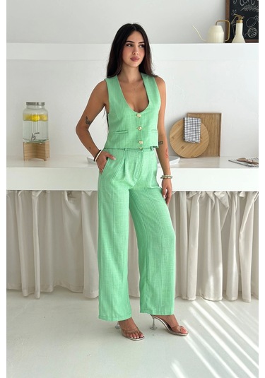 Çizgili Kumaş Yelek Takım Yeşil Yeşil