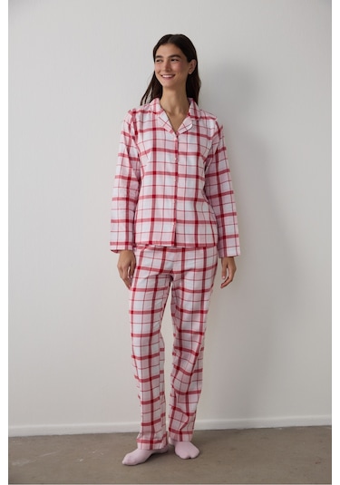 Penti Gül Kurusu Modal Ekoseli Gömlek Yaka Düğmeli Pamuklu Pijama Takımı