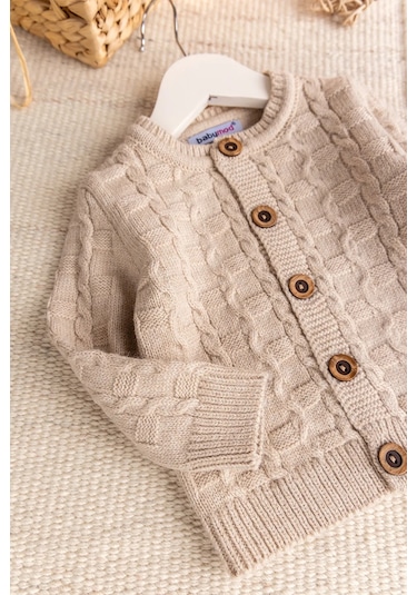 Triko Hırkalı 3'lü Ayarlanabilir Askılı Örgü Erkek Bebek Salopet Tulum Takım Set Bej