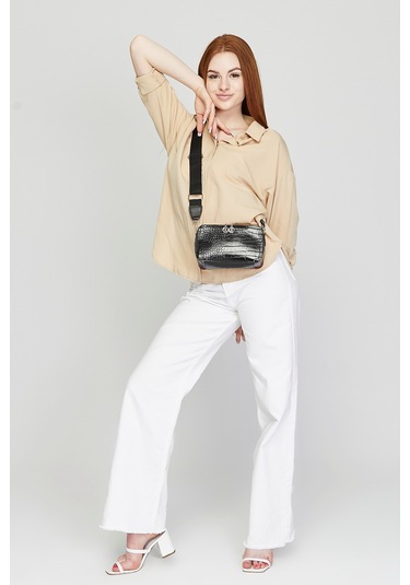 Morpelikan Siyah Kroko İki Bölmeli Kadın Omuz Çantası Siyah