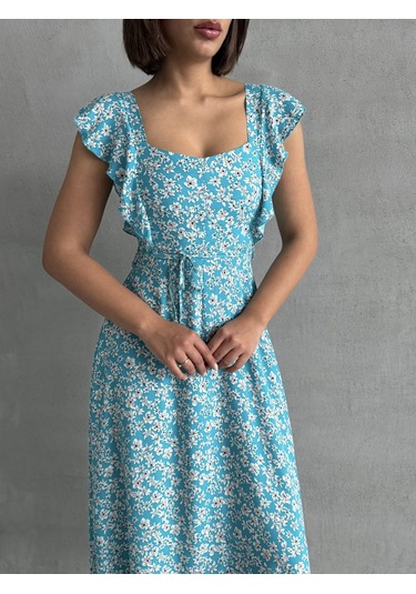 Kadın Çiçek Desenli Fırfır Detaylı Yazlık Dokuma Elbise Turkuaz