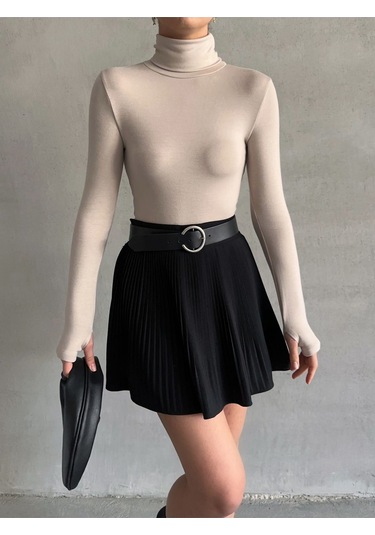 Kadın Parmak Detaylı Balıkçı Yaka Soft Bluz Bej