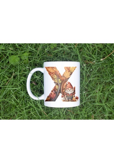 X Harf Sonbahar Yaprak Temalı Kupa Bardak - Sevimli Figürler İle Alfabe Harfli Bardak - Kişiye Özel Beyaz
