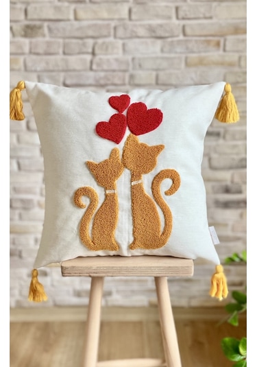 Swita Home Punch İşlemeli 2'li Dekoratif Özel Tasarım Kırlent Kılıfı Panç Hardal - Krem