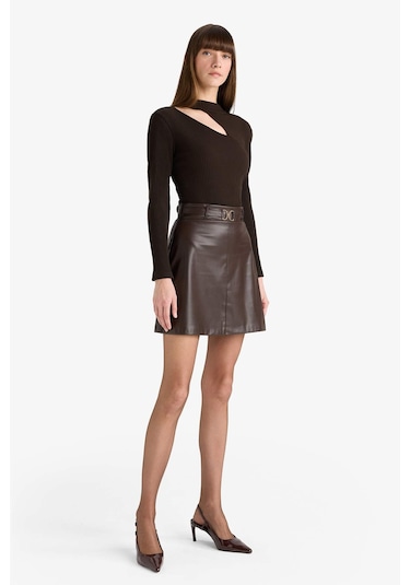 Defacto A Kesim Normal Bel Suni Deri Mini Etek G1895ax25aubn45 Kahve