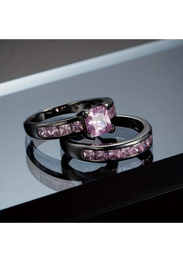 Siyah&mor 2 Adet Zarif İstifleme Yüzükler Kare Mor Pembe Beyaz Zirkon Taş Yüzükler Kadınlar İçin Set Düğün Parti Parmak Takı 12 Çok Renkli