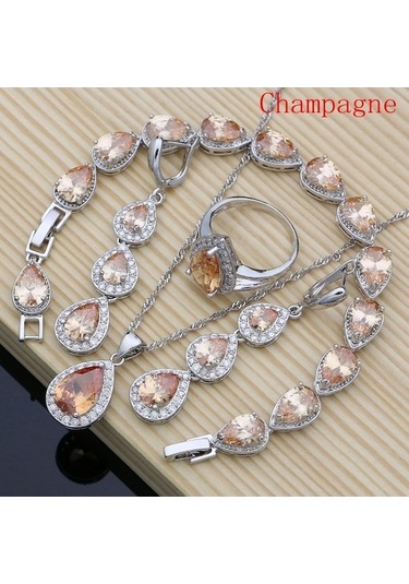 Novahub Gümüş Renk Takı Mavi Kübik Zirkonya Takı Setleri Kadınlar Için Küpe Kolye Yüzük Bilezik Şampanya 6 Krem