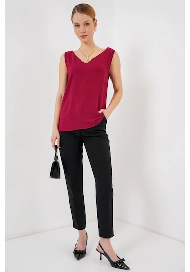 Defymoda V Yaka Sıfır Kol Bluz 950 - Bordo Bordo