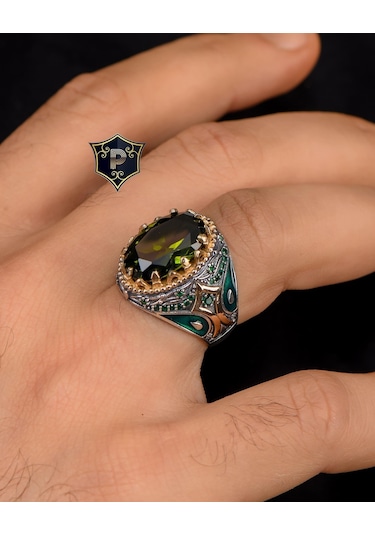 925 Ayar Gümüş Erkek Yüzüğü Peridot Taşlı Zirkon Taş Süslemeli