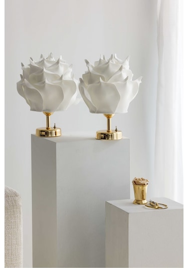 2'li Dekor Yapay Eva Gül Kablosuz Masa Lambası Üst Beyaz-alt Parlak Gold 9v Kare Pil 2 Adet