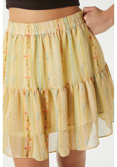 Kadın Juliet Sarı Çiçek Desen Astarlı Volanlı Mini Şifon Dokuma Etek