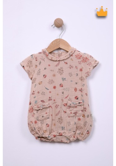 Babyhola Kız Bebek Kısa Müslin Tulum  Pamuk Çiçek Baskılı 12049 Bej