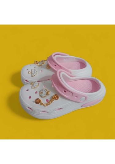 Twingo Taşlı Emojili Kadın Terlik , Sandalet Yüksek Taban Beyaz-pembe