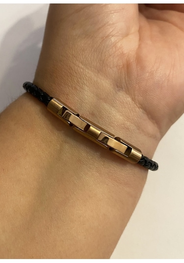 Erkek Rose Renk Detay Örgü Model Deri Bileklik Rose Gold