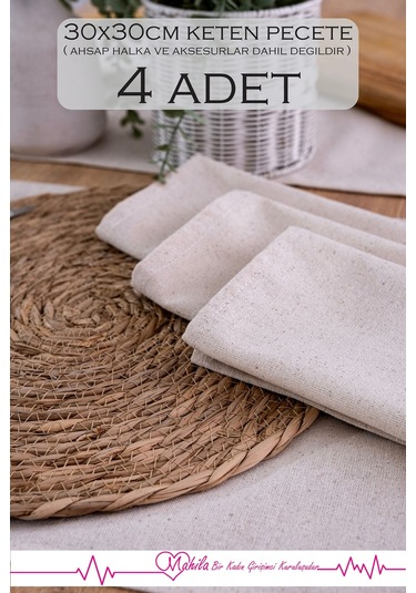 4 Adet %100 Ham Keten Peçete 30x30cm, Amerikan Sunum Peçetesi, Organik Keten Dekoratif Peçete Bej