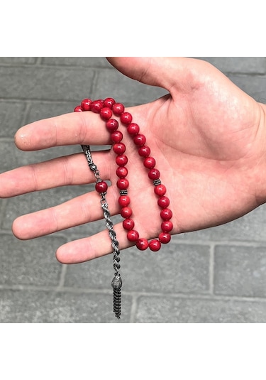 925 Ayar Gümüş Püsküllü Doğal Mercan Taşlı Tesbih