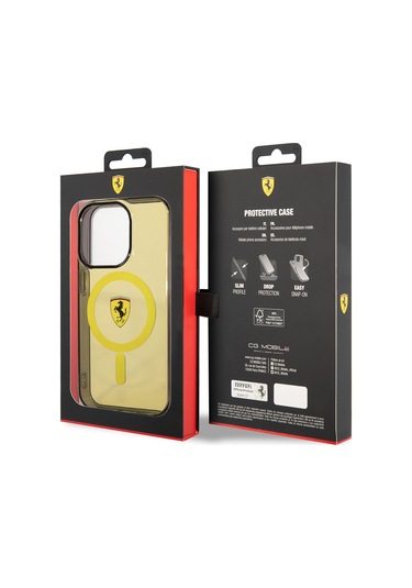 İphone Uyumlu 14 Pro Max Kılıf Ferrari Magsafe Şarj Özellikli Yarı Transparan Dizayn Kapak Sarı