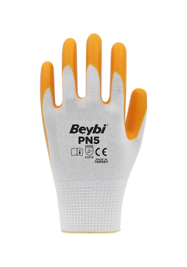 Beybi PN5 Polyester Örme Nitril Iş Eldiveni Beyaz – Sarı