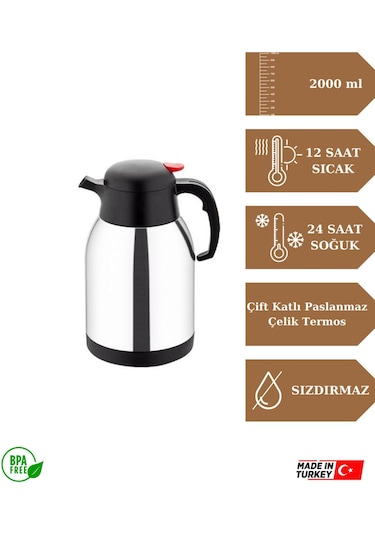 2 Litre Çift Kat Paslanmaz Çelik Termos Piknik Kamp Outdoor Ofis Otel Kafe Okul İnox