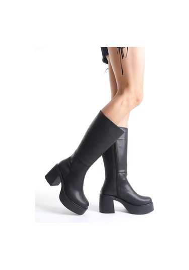 Ventes Kalın Taban Topuklu Fermuarlı Diz Altı Sade Klasik Kadın Çizme 914303-z Siyah Cilt