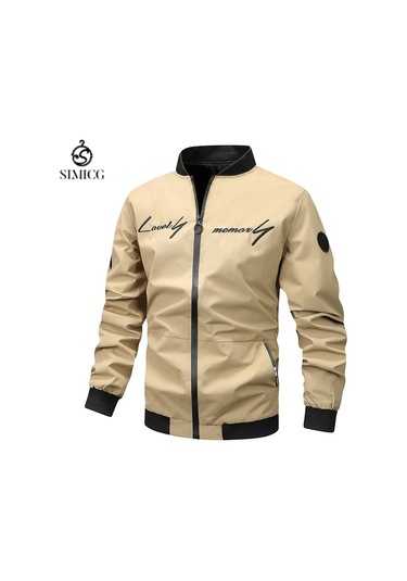 Erkekler İçin Bol Dik Yaka İşlemeli Beyzbol Ceketi Haki