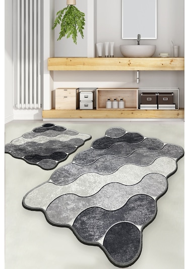 Chilai Home Circle Djt Yıkanabilir Kaymaz Taban Banyo Halısı  Paspas Klozet Takımı 2'li Set Gri Çok Renkli