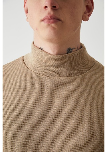 R-5849 Boğazlı Düz Örme Kazak Sweat Vizon