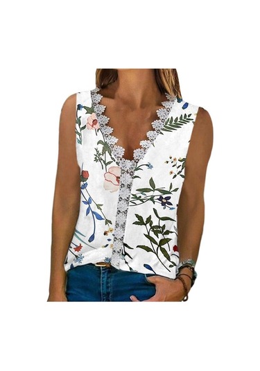 V Yaka Dantel Çiçek Baskı Yaz Bluzlar Kadın 2023 Kolsuz Rahat Gömlek Üstleri Kadın Moda Zarif T Gömlek Kadın Giyim 24858 Floral