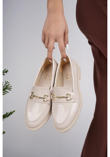 Muggo Sussie Garantili Metal Tokalı Kadın Loafer Günlük Ayakkabı Taş Rengi Taş