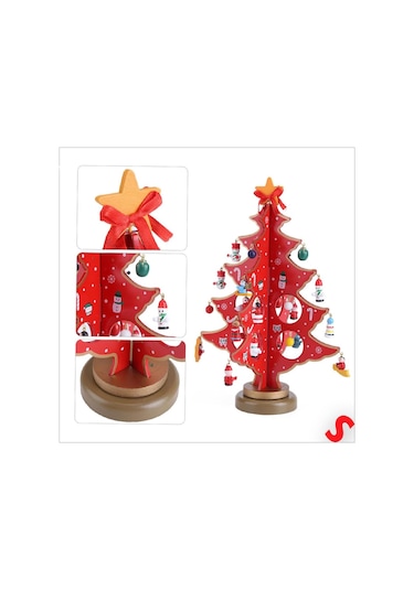 20 Parça Süslü Ahşap 27cm Mini Yılbaşı Ağaç Seti - Kırmızı