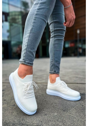 Pabucmarketi Bağcık Detaylı Triko Kumaş Erkek Spor Ayakkabı Beyaz Çok Renkli