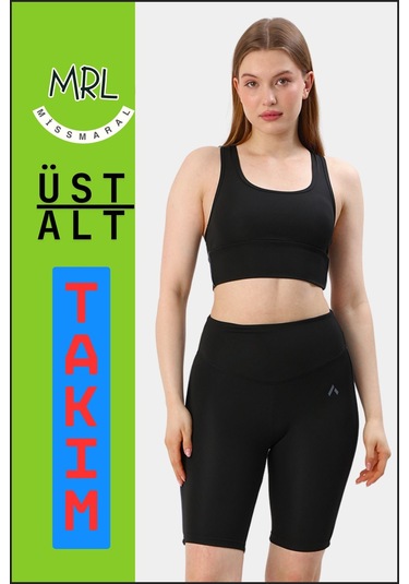 Kadın Siyah Takım Alt-üst Kısa Şort-tayt Ve Pedli Sporcu Büstiyer 2li Set Antrasit Biyeli Elt3043 Siyah Antrasit