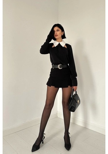 Siyah Önü Kravat Detaylı Bluz Siyah