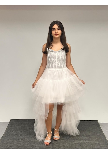 Kız Çocuk Abiye Krem Önü Kısa Kuyruklu Payet İşlemeli Biyeli Transparan Kaplama Abiye Elbise 10-15 Yaş Krem