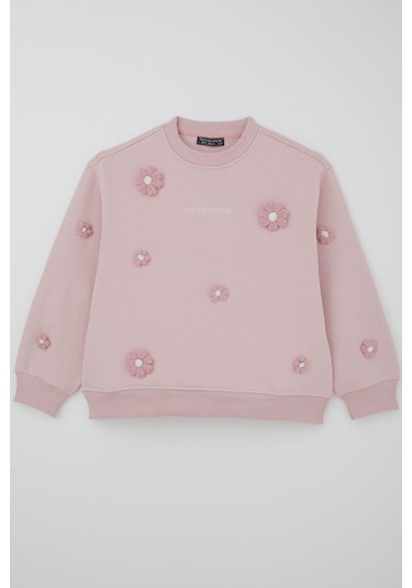 Locoloco Kız Çocuk Sweatshirt Çiçek Motifli 9-14 Yaş, Pembe Pembe