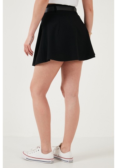 Lela Kemerli Pileli Regular Fit Yüksek Bel Bayan Şort Etek 5866292 Siyah