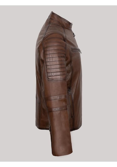 Hakiki Kuzu Derisi Kahverengi Erkek Deri Mont Bel Işlemeli Deri Ceket Kahverengi