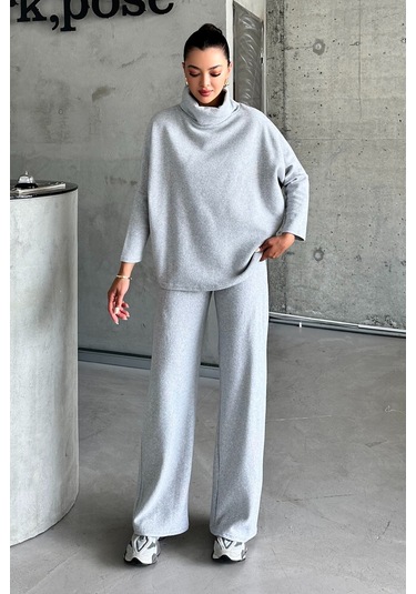 Modagen Kadın Selanik Kumaş Balıkçı Yaka Alt Üst Takım Gri