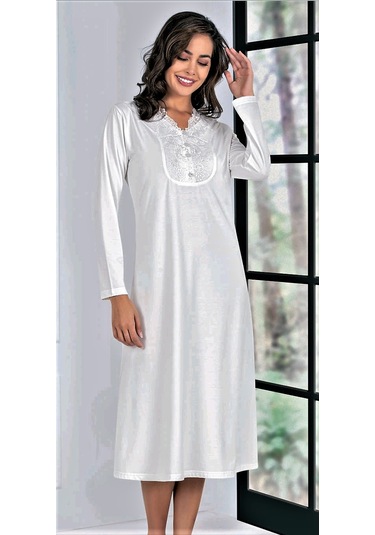 dantel detaylı uzun kol gecelik Ekru