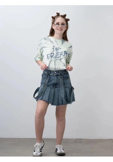 Kız Çocuk Askılı Pileli Tasarım Denim Etek-15535 Mavi