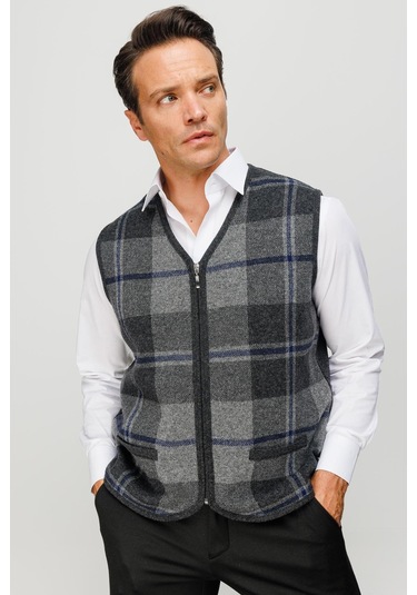 Erkek V Yaka Önü Kareli Yelek K.füme K.füme